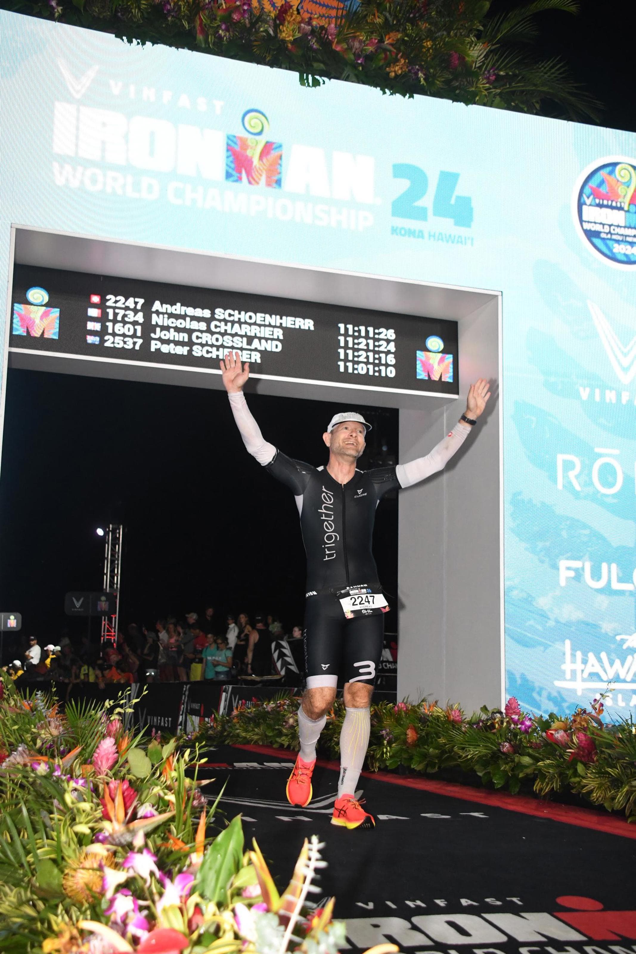 Andreas Schoenherr crossing the finish line at the Ironman World Championship in Kona